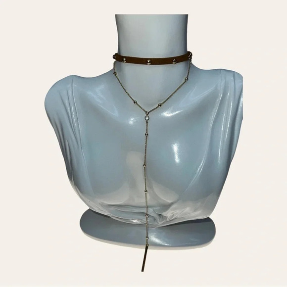 REVOLVE X ETK BY ETTIKA CHOKER NECKLACE FAUX SUEDE WITH STUDS/GOLD ACCENT DANGLE - Picture 6 of 13